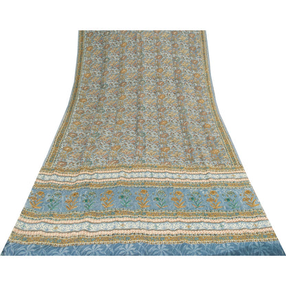Sanskriti Vintage Sarees Blue Pure Crepe Print Embroidery Sari 5+yd Craft Fabric