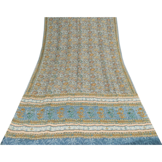Sanskriti Vintage Sarees Blue Pure Crepe Print Embroidery Sari 5+yd Craft Fabric