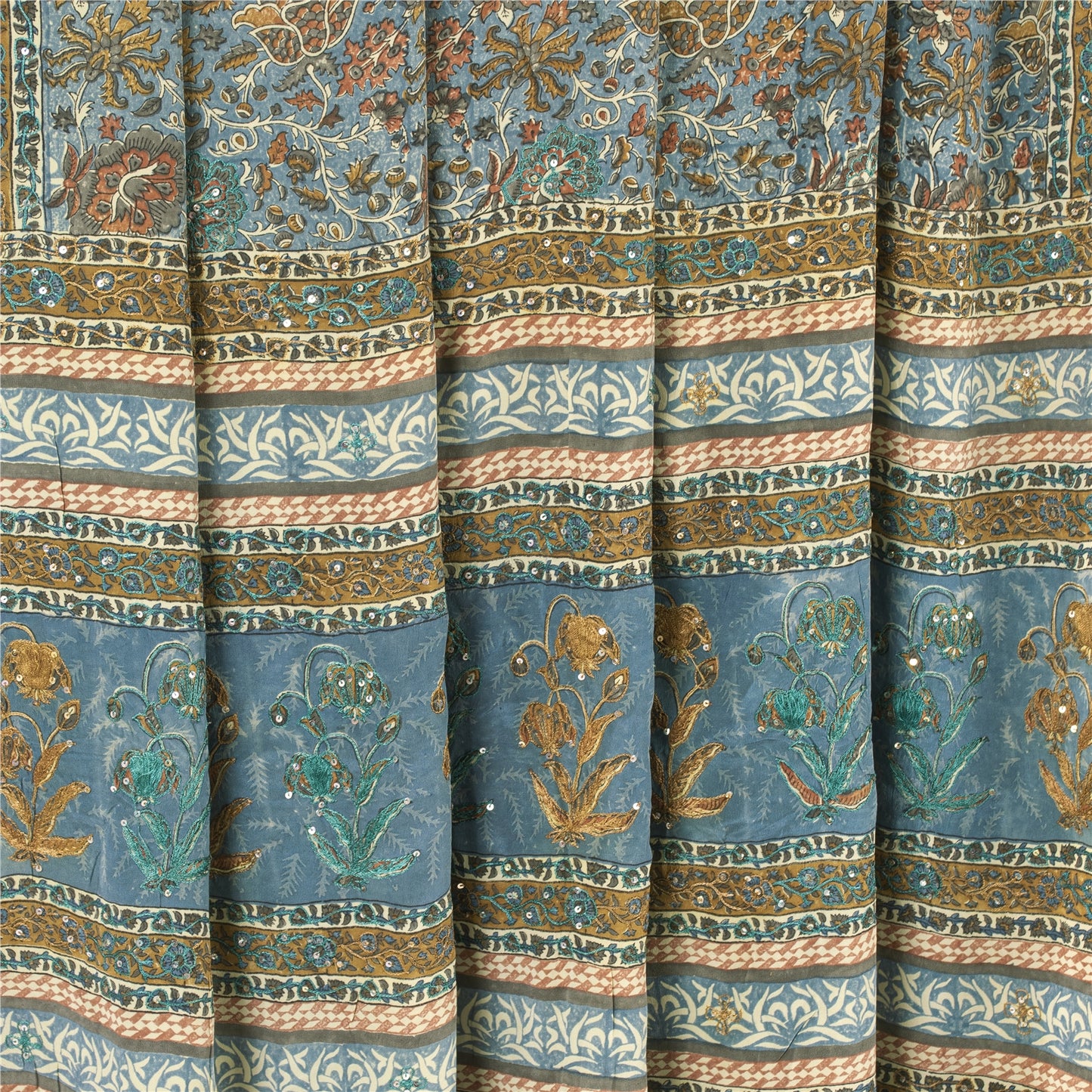 Sanskriti Vintage Sarees Blue Pure Crepe Print Embroidery Sari 5+yd Craft Fabric