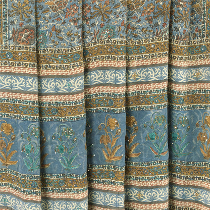 Sanskriti Vintage Sarees Blue Pure Crepe Print Embroidery Sari 5+yd Craft Fabric