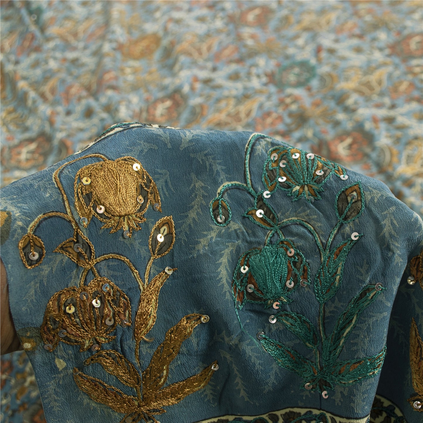 Sanskriti Vintage Sarees Blue Pure Crepe Print Embroidery Sari 5+yd Craft Fabric