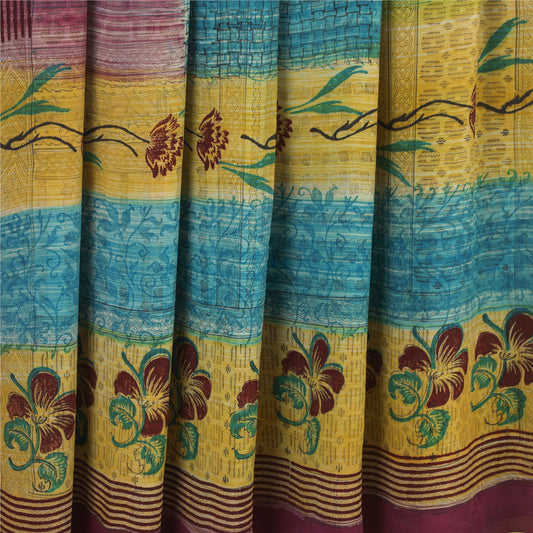 Sanskriti Vintage Sarees Multicolor Pure Crepe Silk Print Sari 5+yd Craft Fabric