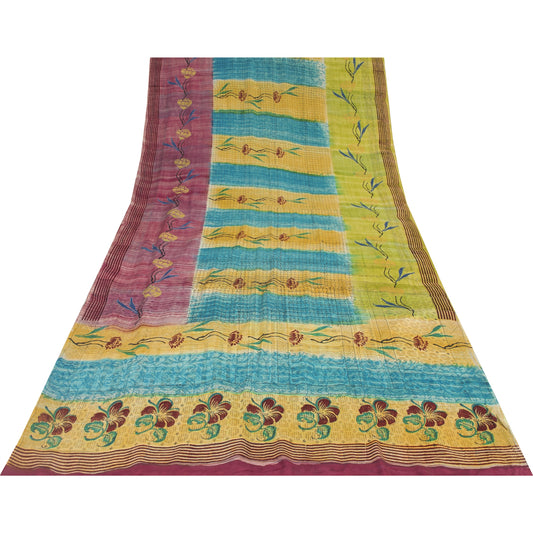 Sanskriti Vintage Sarees Multicolor Pure Crepe Silk Print Sari 5+yd Craft Fabric