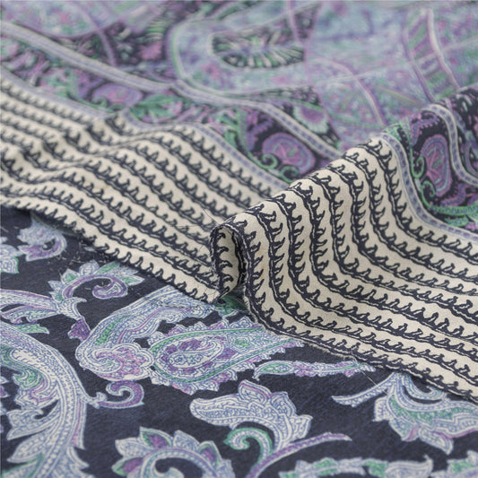 Sanskriti Vintage Sarees Blue Pure Crepe Paisley Printed Sari 5+yd Craft Fabric