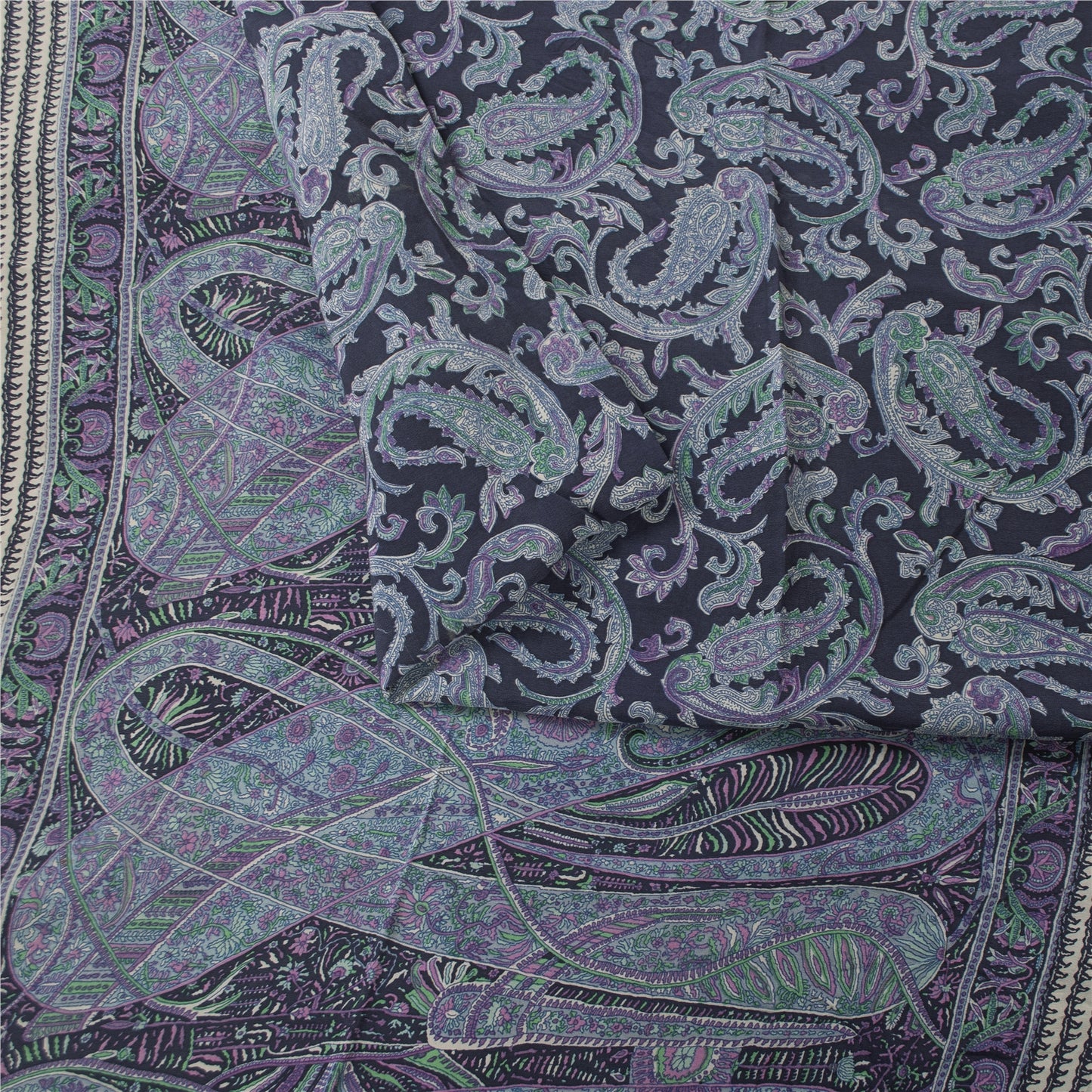 Sanskriti Vintage Sarees Blue Pure Crepe Paisley Printed Sari 5+yd Craft Fabric