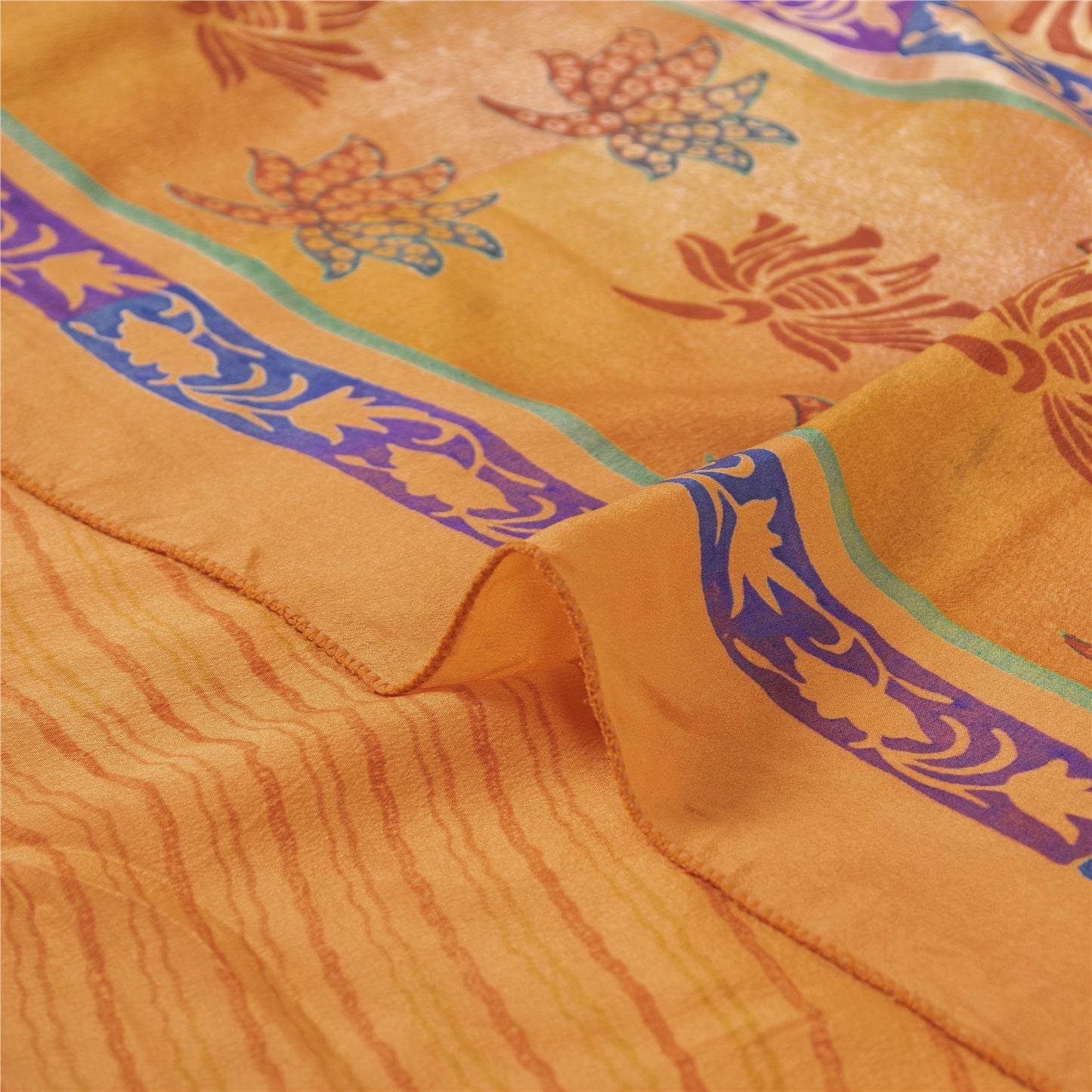 Sanskriti Vintage Sarees Orange Pure Crepe Floral Printed Sari 5+yd Craft Fabric