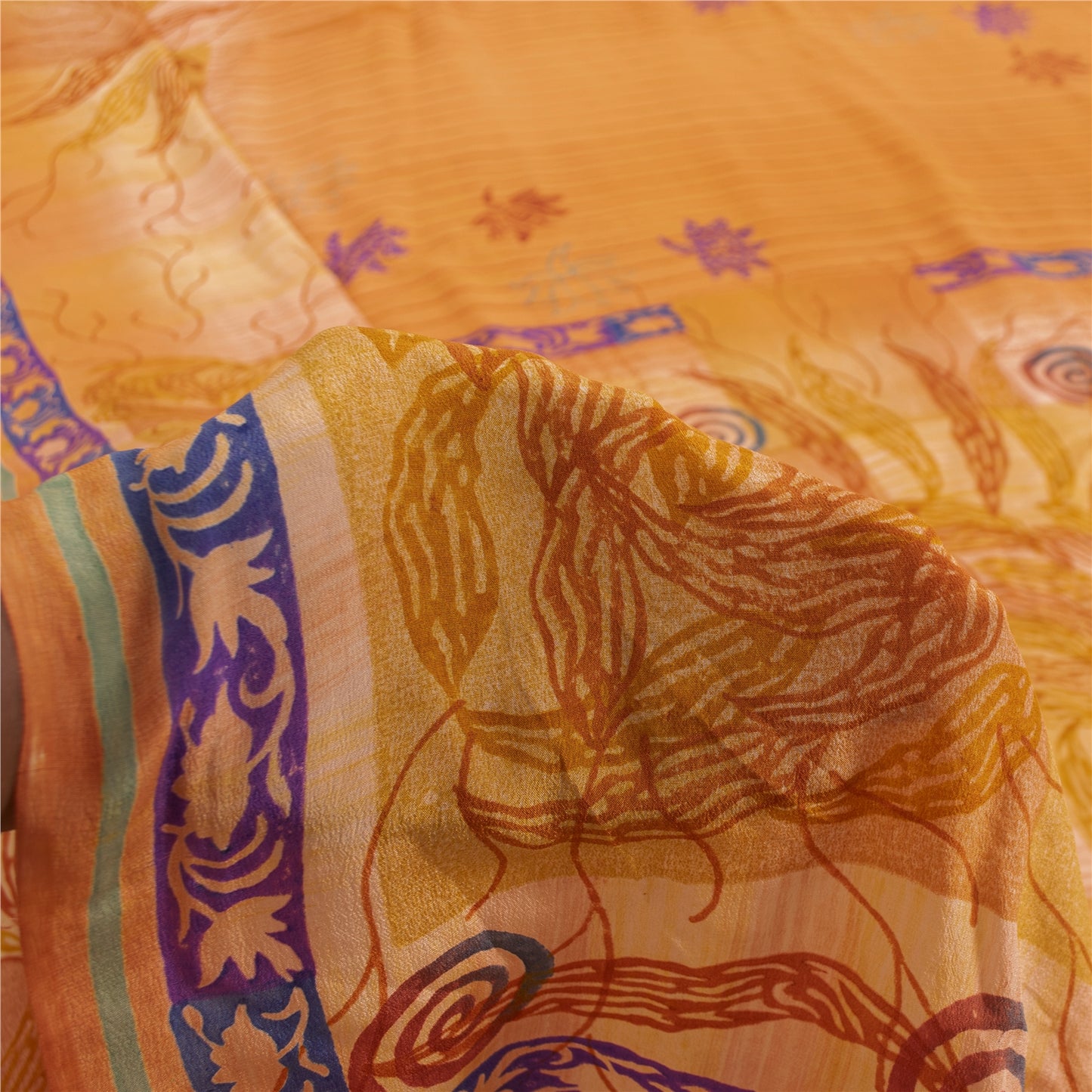 Sanskriti Vintage Sarees Orange Pure Crepe Floral Printed Sari 5+yd Craft Fabric