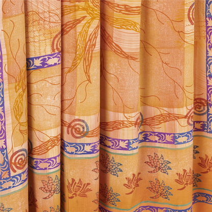 Sanskriti Vintage Sarees Orange Pure Crepe Floral Printed Sari 5+yd Craft Fabric