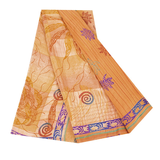Sanskriti Vintage Sarees Orange Pure Crepe Floral Printed Sari 5+yd Craft Fabric
