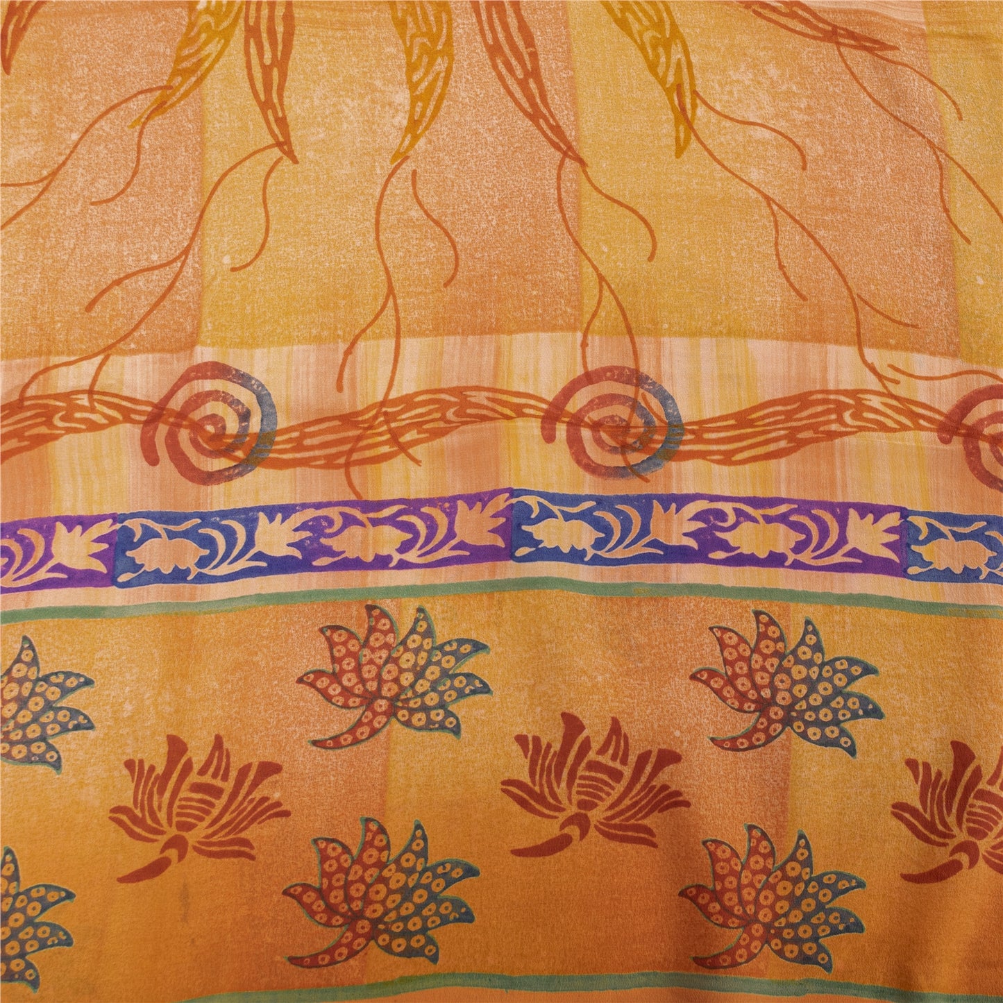 Sanskriti Vintage Sarees Orange Pure Crepe Floral Printed Sari 5+yd Craft Fabric
