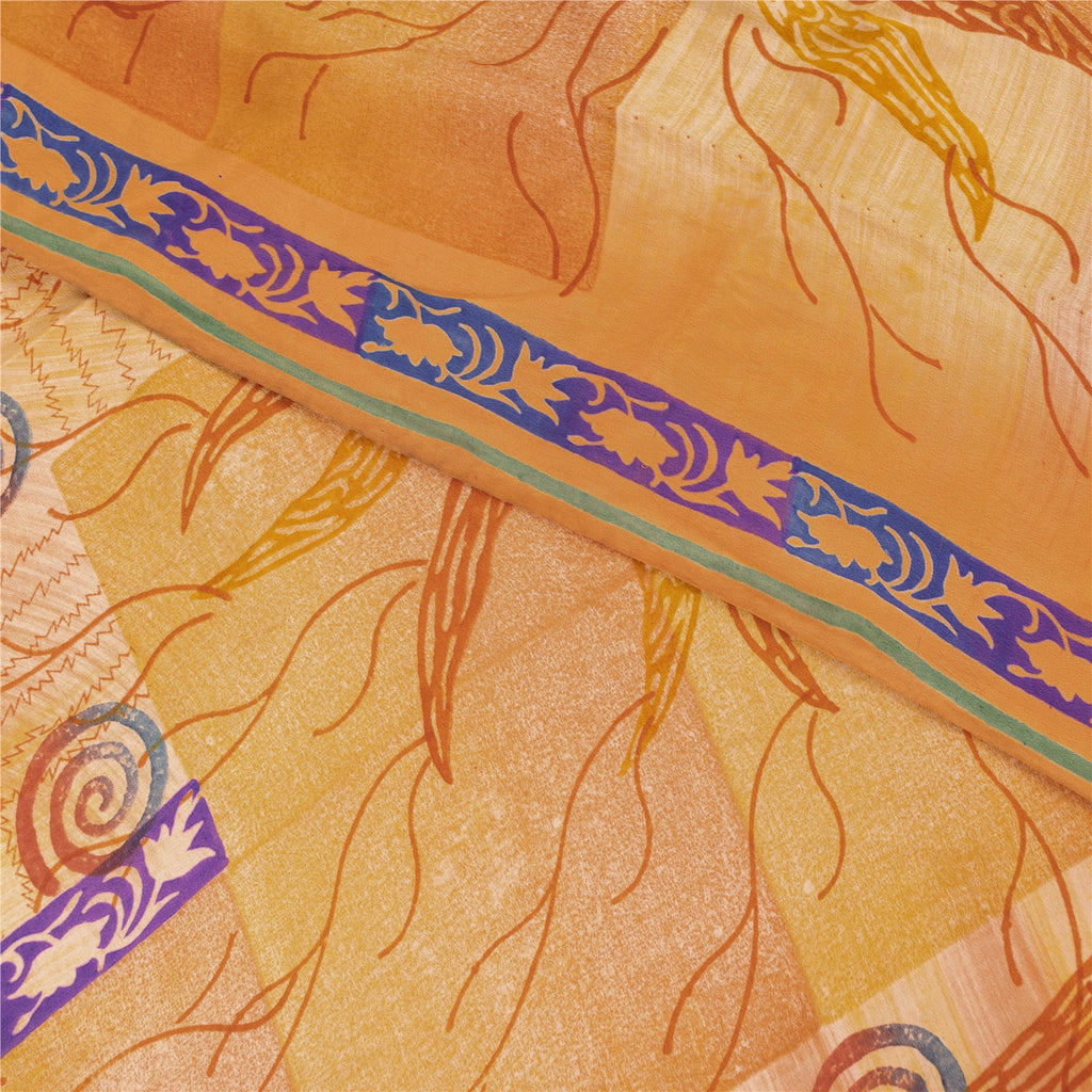 Sanskriti Vintage Sarees Orange Pure Crepe Floral Printed Sari 5+yd Craft Fabric