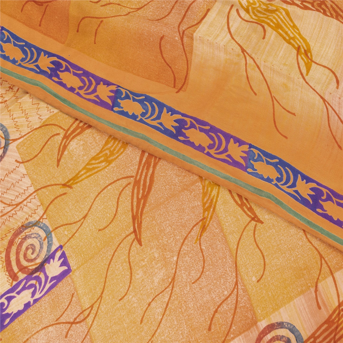 Sanskriti Vintage Sarees Orange Pure Crepe Floral Printed Sari 5+yd Craft Fabric