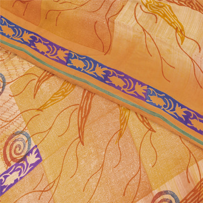 Sanskriti Vintage Sarees Orange Pure Crepe Floral Printed Sari 5+yd Craft Fabric