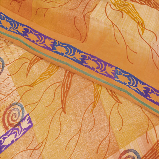 Sanskriti Vintage Sarees Orange Pure Crepe Floral Printed Sari 5+yd Craft Fabric