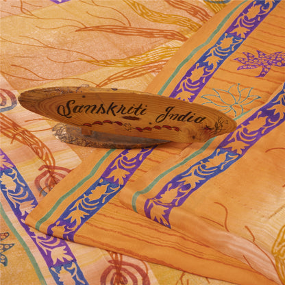 Sanskriti Vintage Sarees Orange Pure Crepe Floral Printed Sari 5+yd Craft Fabric