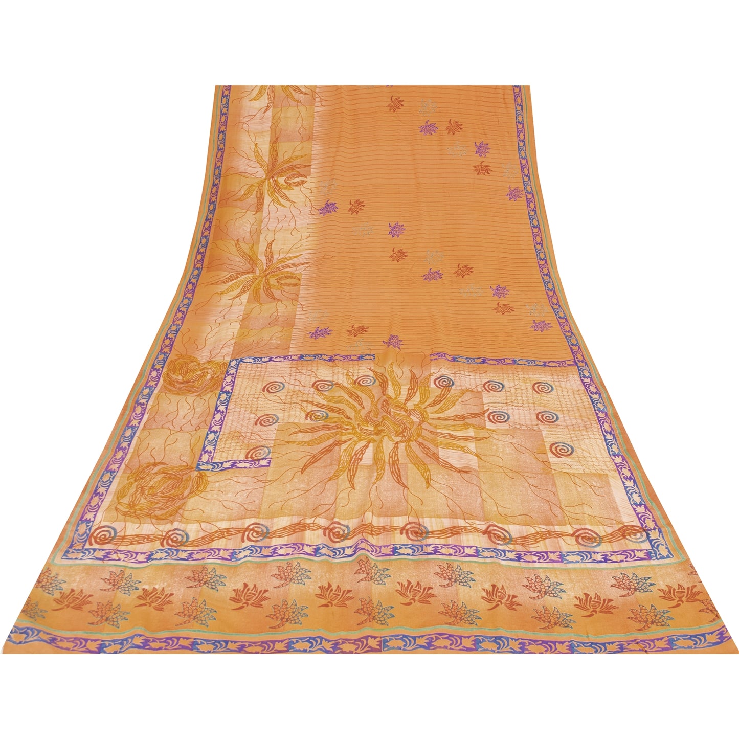 Sanskriti Vintage Sarees Orange Pure Crepe Floral Printed Sari 5+yd Craft Fabric