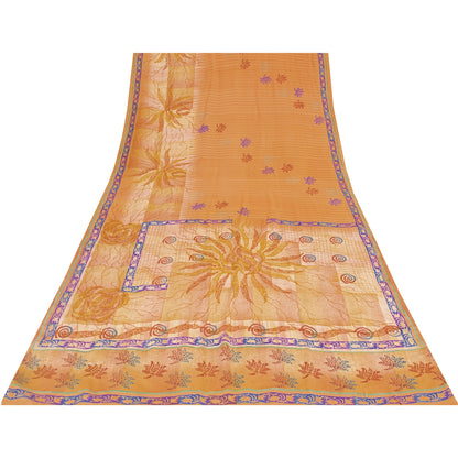 Sanskriti Vintage Sarees Orange Pure Crepe Floral Printed Sari 5+yd Craft Fabric