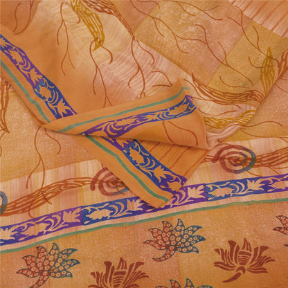 Sanskriti Vintage Sarees Orange Pure Crepe Floral Printed Sari 5+yd Craft Fabric