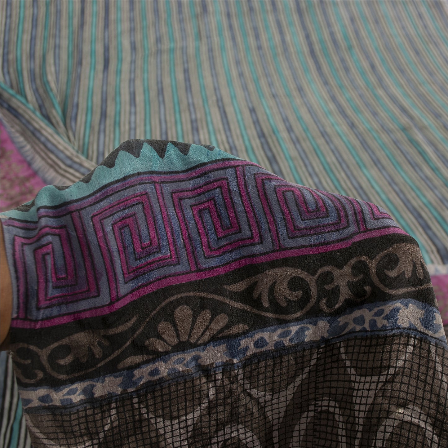 Sanskriti Vintage Sarees Hand Block Printed Pure Crepe Sari 5+yd Craft Fabric