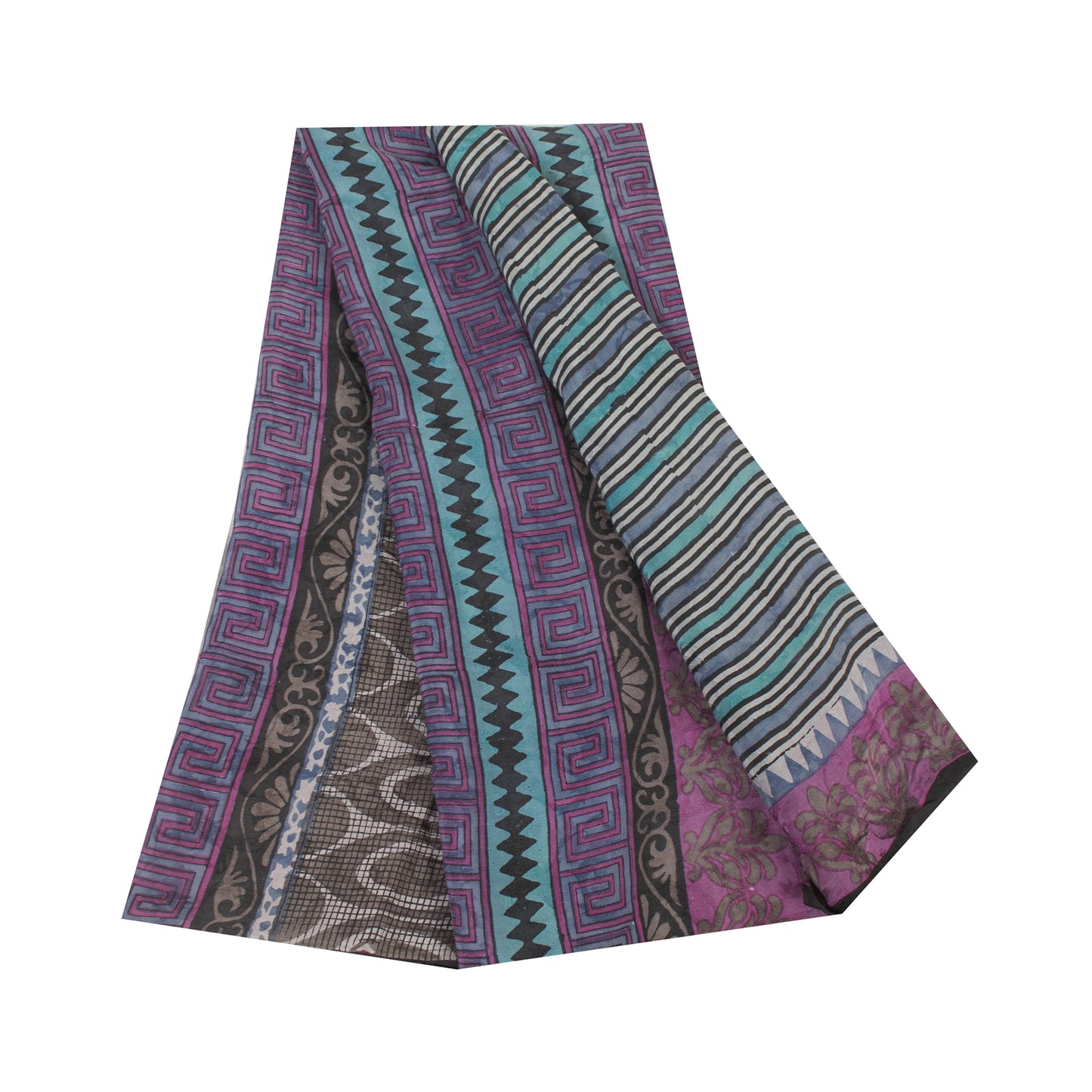 Sanskriti Vintage Sarees Hand Block Printed Pure Crepe Sari 5+yd Craft Fabric