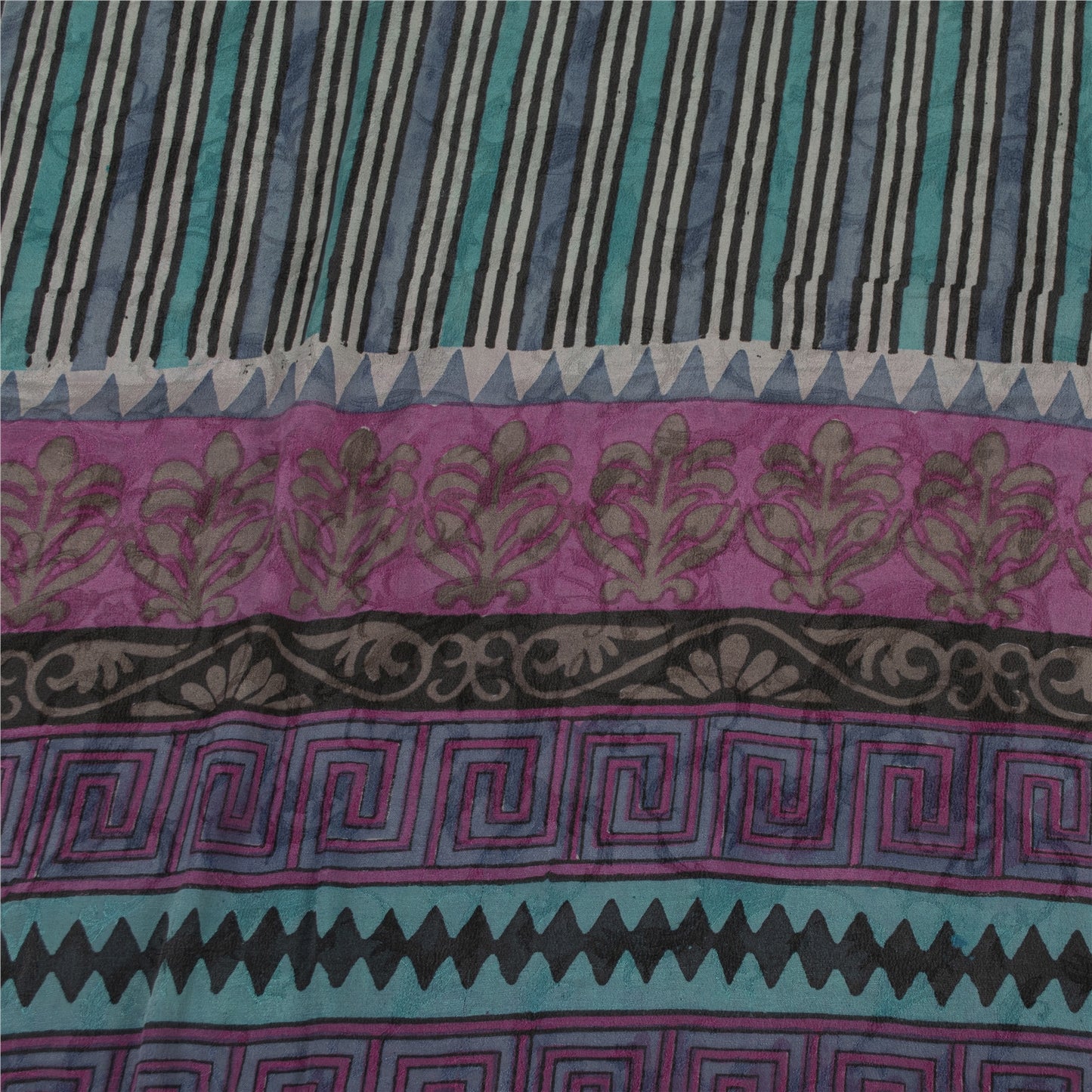 Sanskriti Vintage Sarees Hand Block Printed Pure Crepe Sari 5+yd Craft Fabric