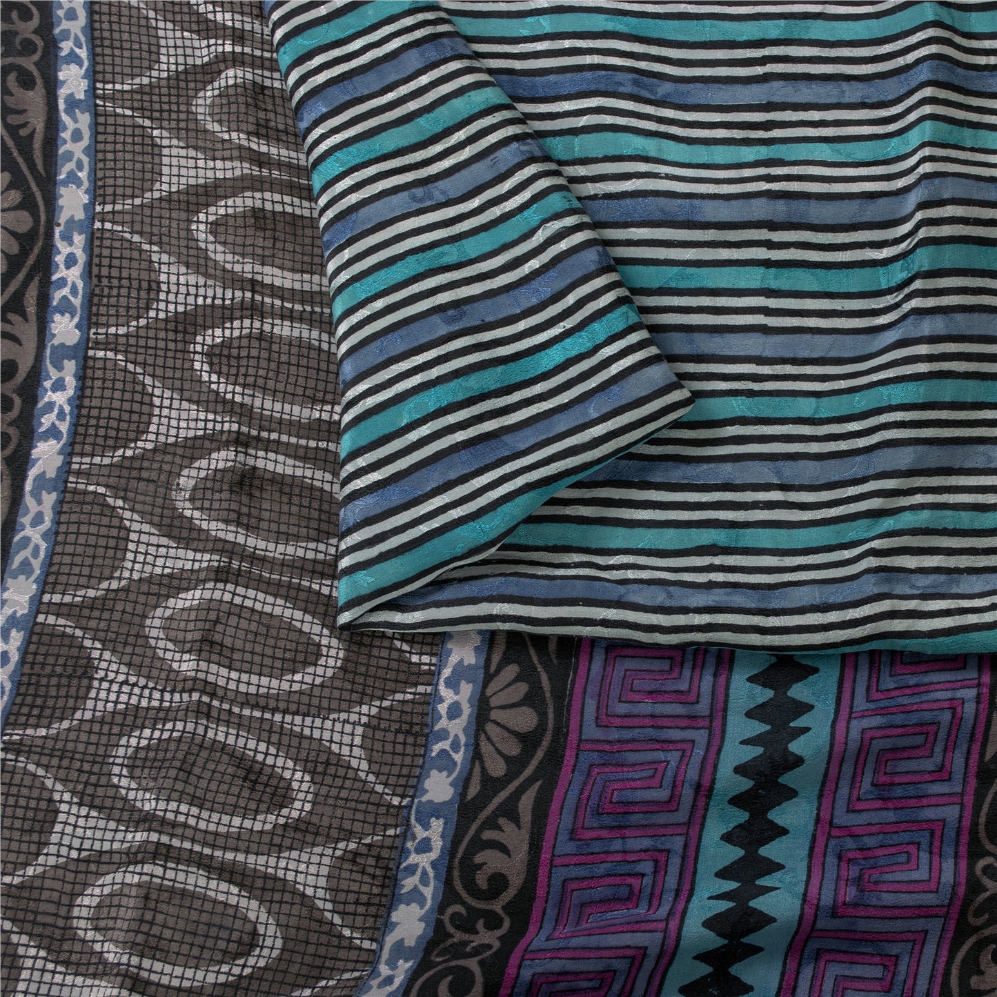 Sanskriti Vintage Sarees Hand Block Printed Pure Crepe Sari 5+yd Craft Fabric