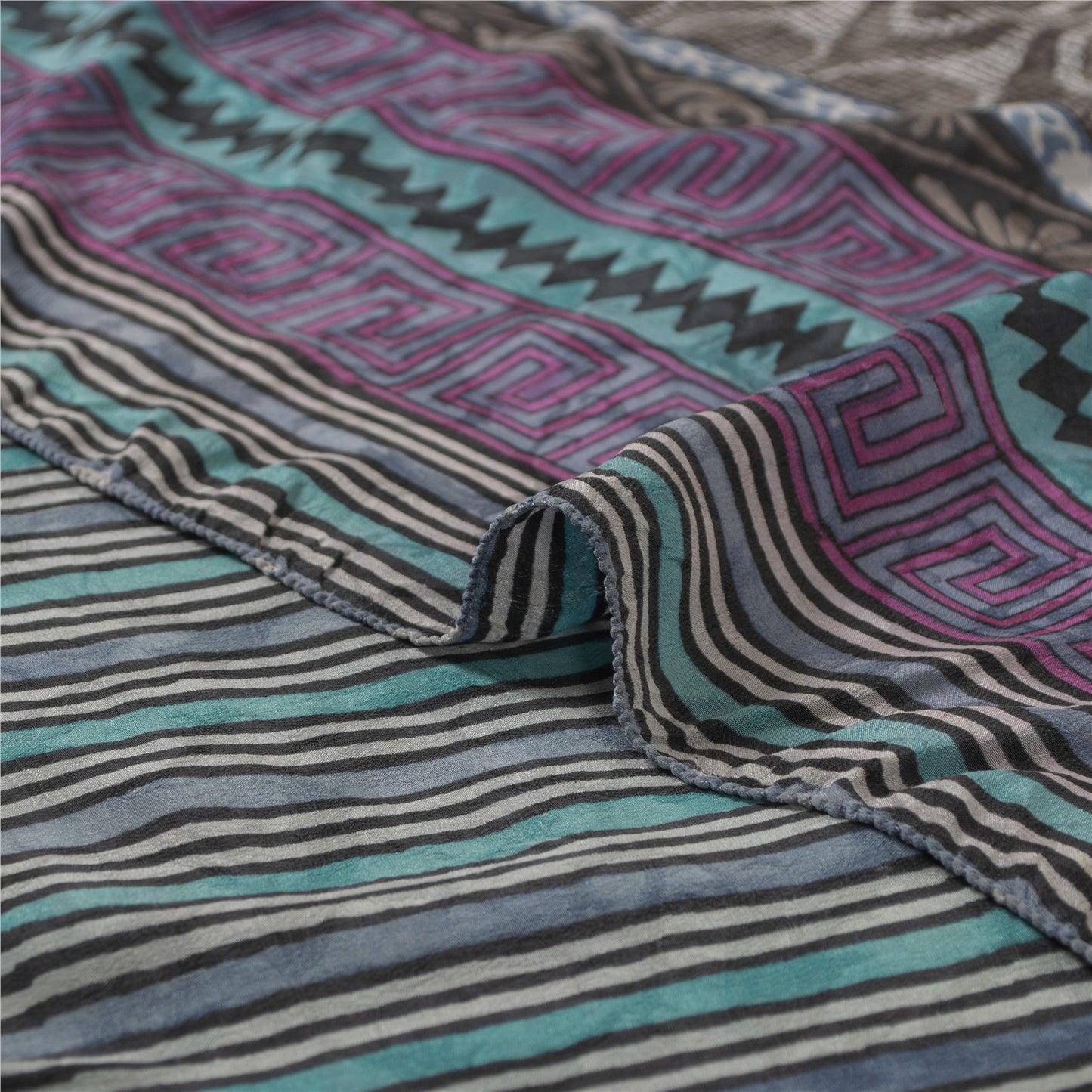 Sanskriti Vintage Sarees Hand Block Printed Pure Crepe Sari 5+yd Craft Fabric