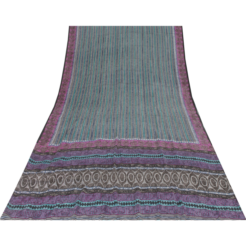 Sanskriti Vintage Sarees Hand Block Printed Pure Crepe Sari 5+yd Craft Fabric