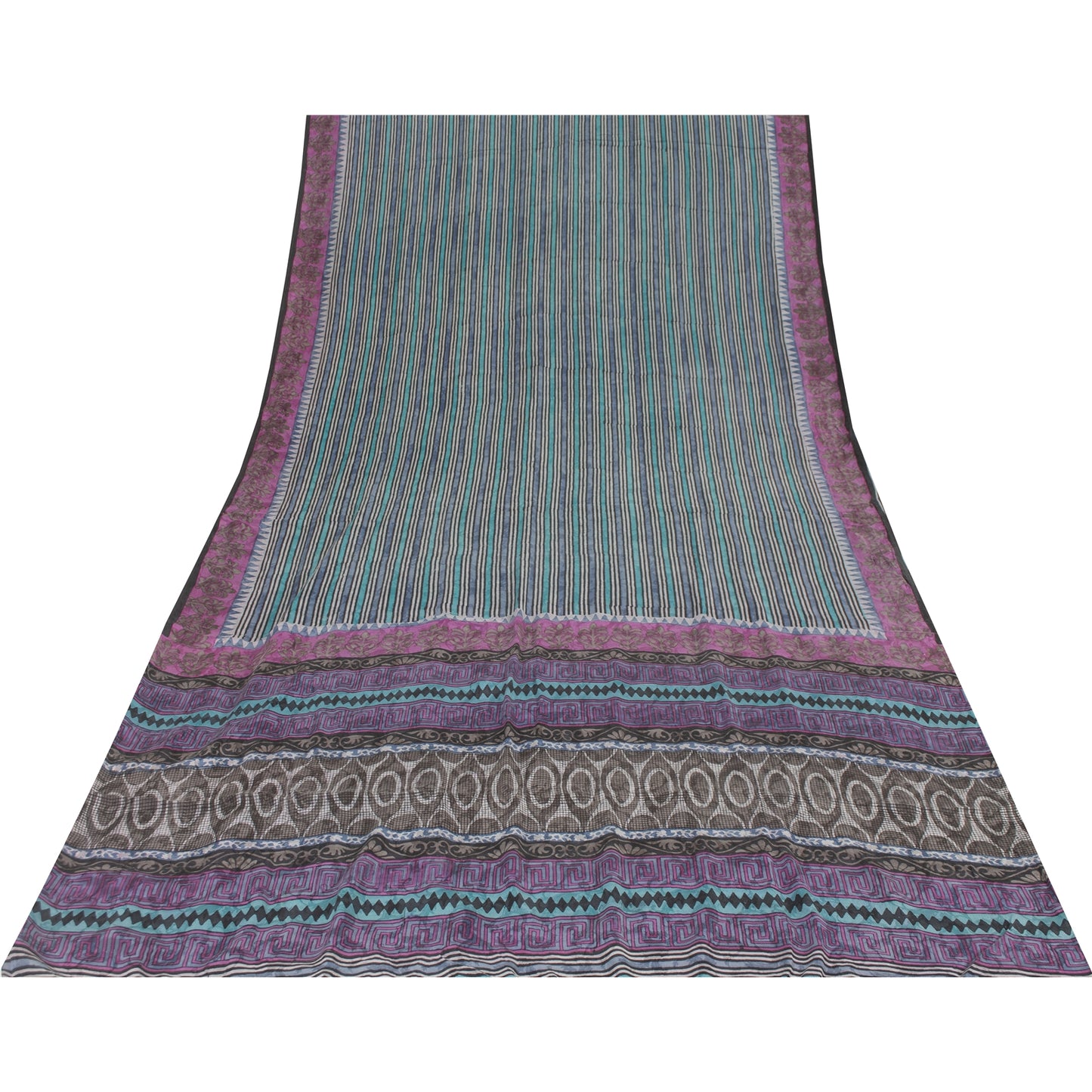 Sanskriti Vintage Sarees Hand Block Printed Pure Crepe Sari 5+yd Craft Fabric