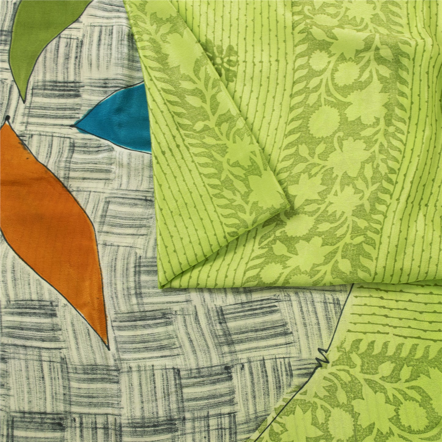 Sanskriti Vintage Sarees Green Pure Crepe Silk Printed Sari 6+yd Craft Fabric