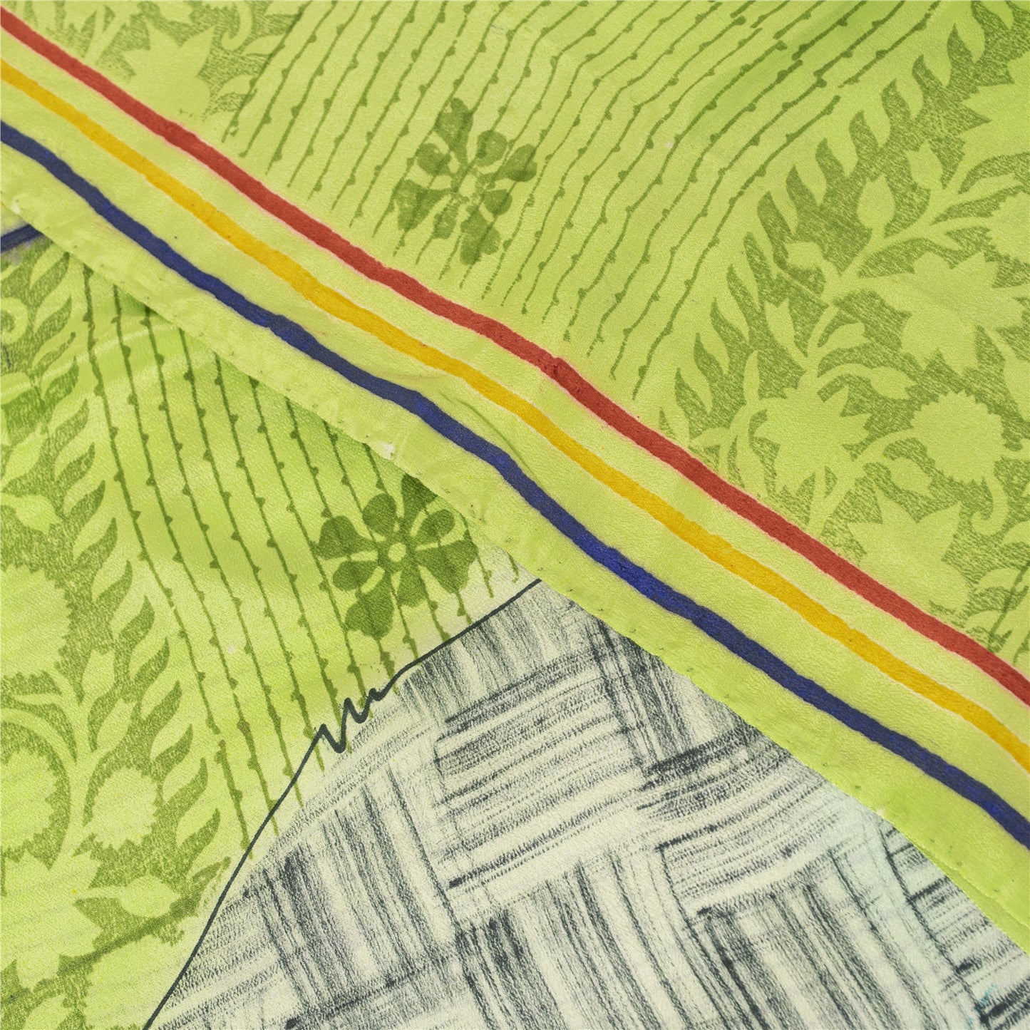 Sanskriti Vintage Sarees Green Pure Crepe Silk Printed Sari 6+yd Craft Fabric