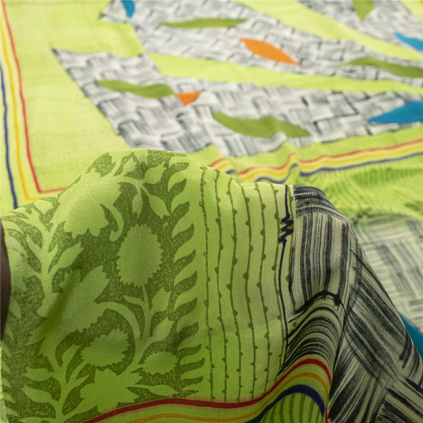 Sanskriti Vintage Sarees Green Pure Crepe Silk Printed Sari 6+yd Craft Fabric