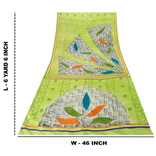 Sanskriti Vintage Sarees Green Pure Crepe Silk Printed Sari 6+yd Craft Fabric