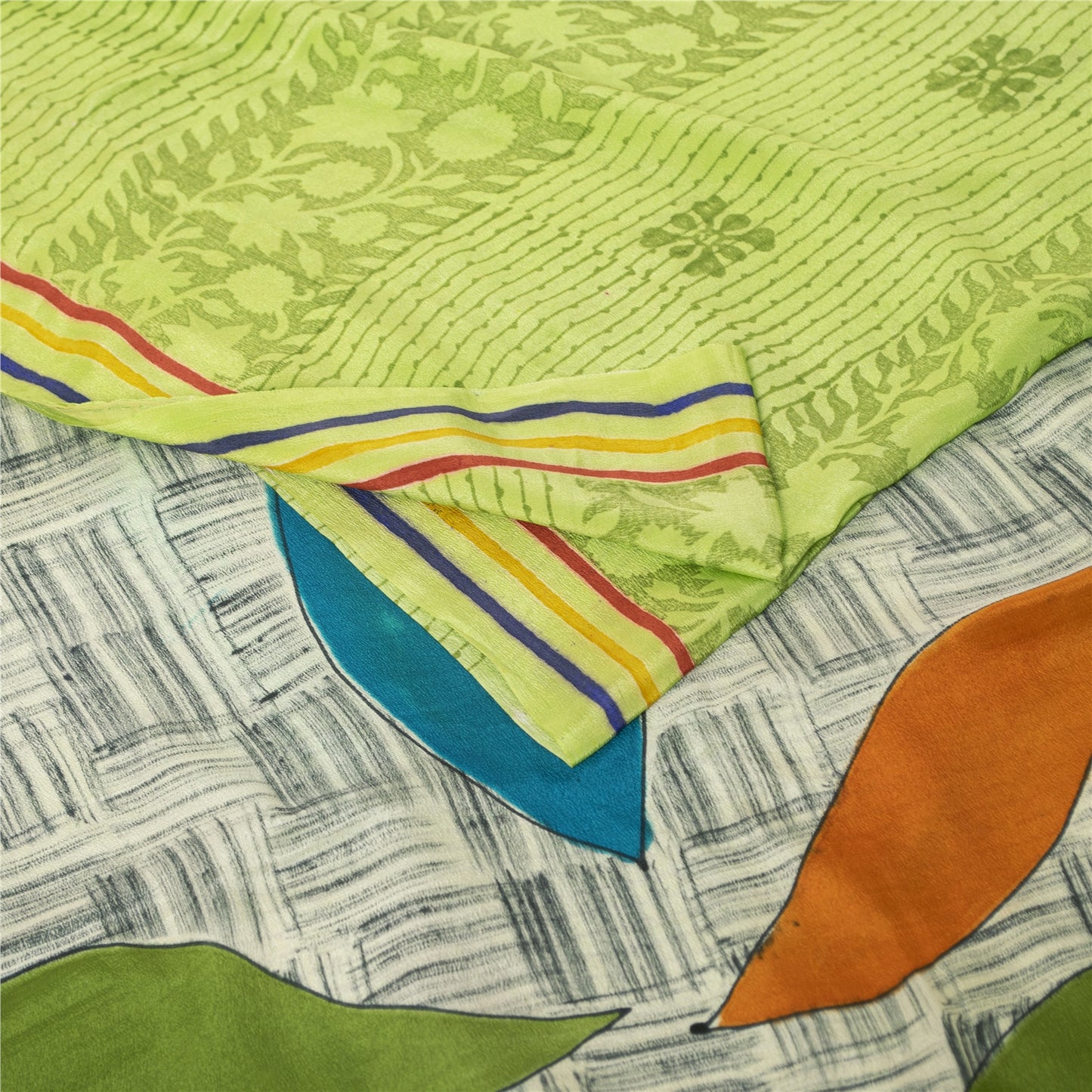 Sanskriti Vintage Sarees Green Pure Crepe Silk Printed Sari 6+yd Craft Fabric