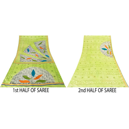 Sanskriti Vintage Sarees Green Pure Crepe Silk Printed Sari 6+yd Craft Fabric