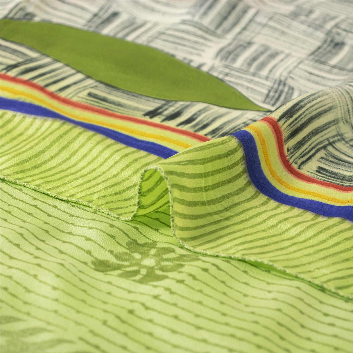 Sanskriti Vintage Sarees Green Pure Crepe Silk Printed Sari 6+yd Craft Fabric