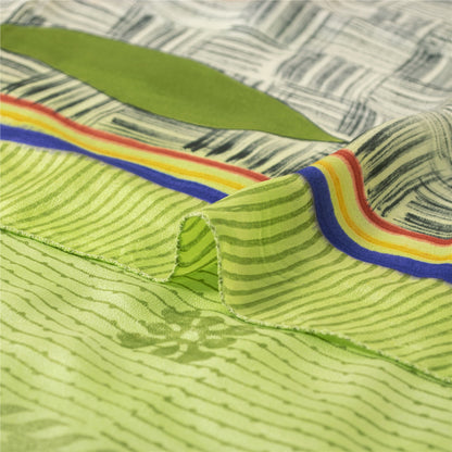 Sanskriti Vintage Sarees Green Pure Crepe Silk Printed Sari 6+yd Craft Fabric