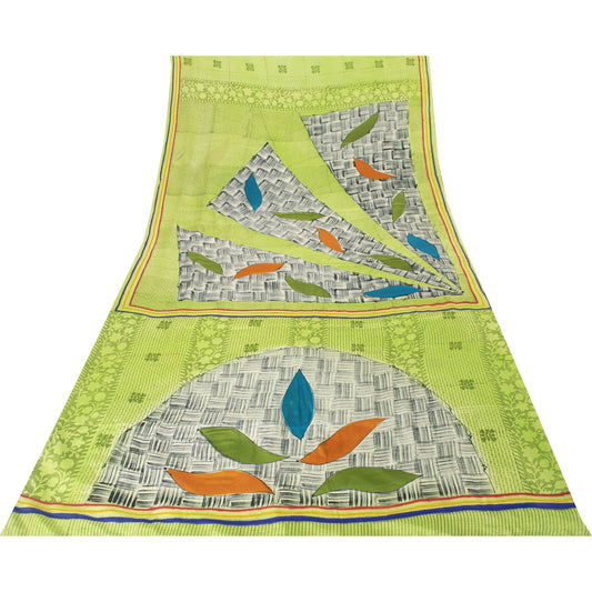 Sanskriti Vintage Sarees Green Pure Crepe Silk Printed Sari 6+yd Craft Fabric