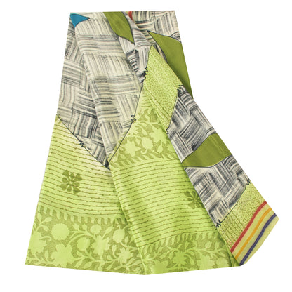 Sanskriti Vintage Sarees Green Pure Crepe Silk Printed Sari 6+yd Craft Fabric