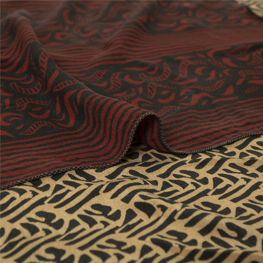 Sanskriti Vintage Sarees Black & Cream Pure Crepe Printed Sari 5+yd Craft Fabric