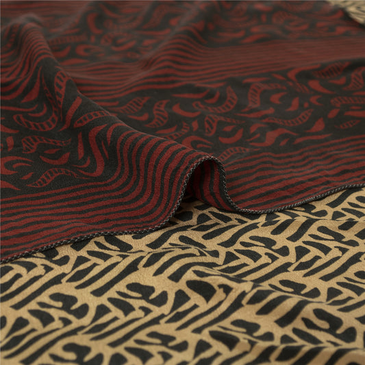 Sanskriti Vintage Sarees Black & Cream Pure Crepe Printed Sari 5+yd Craft Fabric