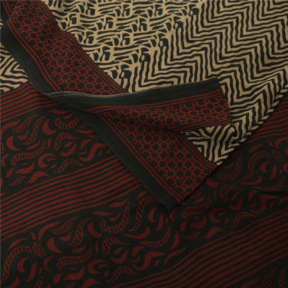 Sanskriti Vintage Sarees Black & Cream Pure Crepe Printed Sari 5+yd Craft Fabric