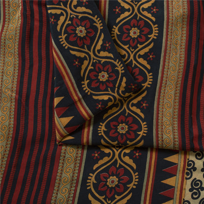 Sanskriti Vintage Sarees Ivory Pure Crepe Silk Printed Sari 6yd Craft Fabric