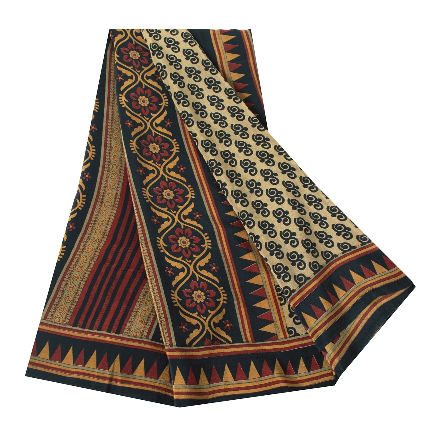 Sanskriti Vintage Sarees Ivory Pure Crepe Silk Printed Sari 6yd Craft Fabric