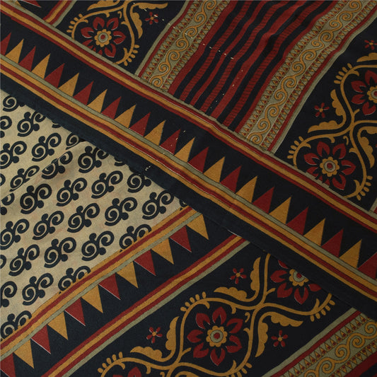 Sanskriti Vintage Sarees Ivory Pure Crepe Silk Printed Sari 6yd Craft Fabric