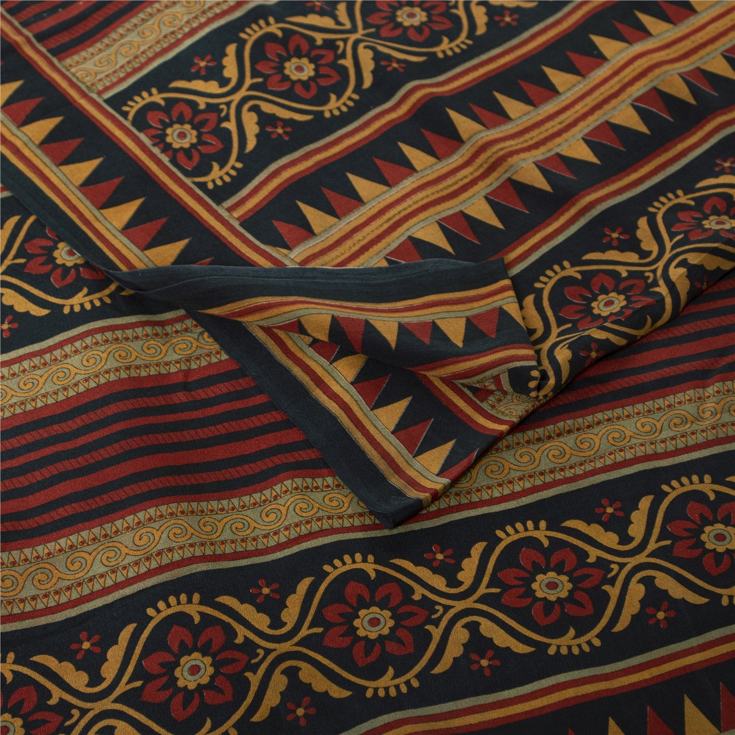 Sanskriti Vintage Sarees Ivory Pure Crepe Silk Printed Sari 6yd Craft Fabric