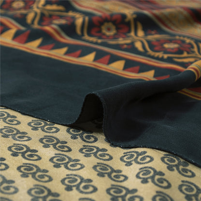 Sanskriti Vintage Sarees Ivory Pure Crepe Silk Printed Sari 6yd Craft Fabric