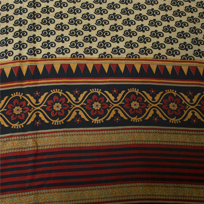 Sanskriti Vintage Sarees Ivory Pure Crepe Silk Printed Sari 6yd Craft Fabric