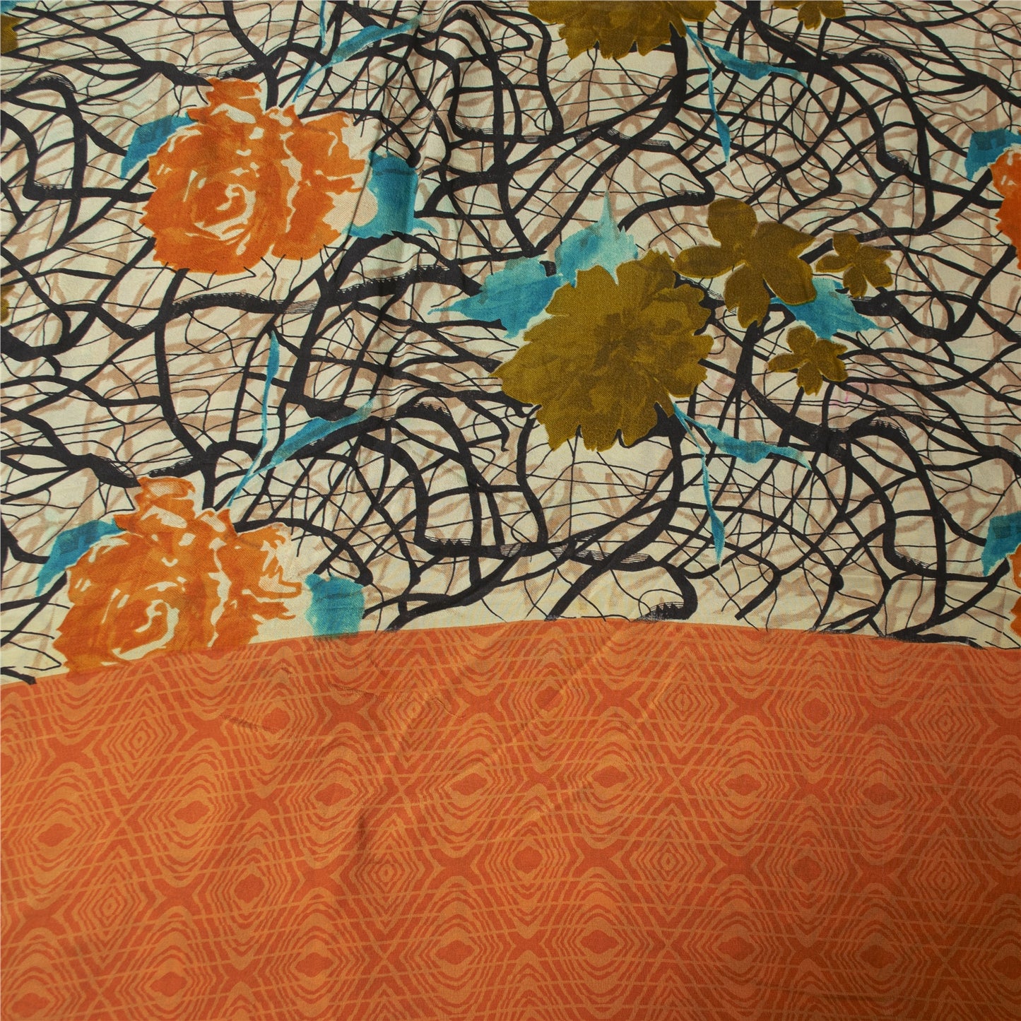 Sanskriti Vintage Sarees Ivory Pure Crepe Silk Printed Sari 5+yd Craft Fabric