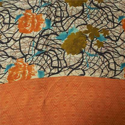 Sanskriti Vintage Sarees Ivory Pure Crepe Silk Printed Sari 5+yd Craft Fabric